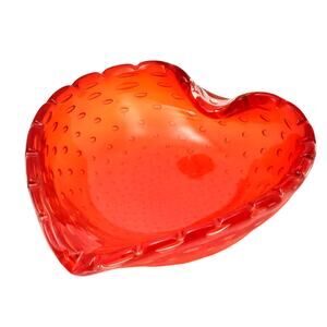 Vtg Venetian Art Glass Heart Bowl Candy Dish Bullicante Orange Controlled Bubble